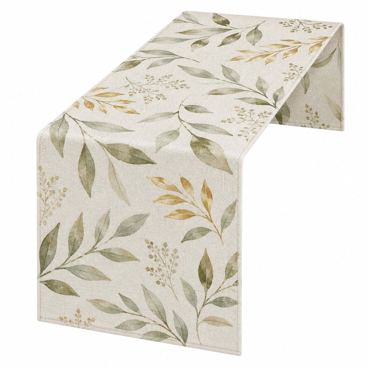 Camino de Mesa Beige y Verde con Hojas Naturales 180x35cm