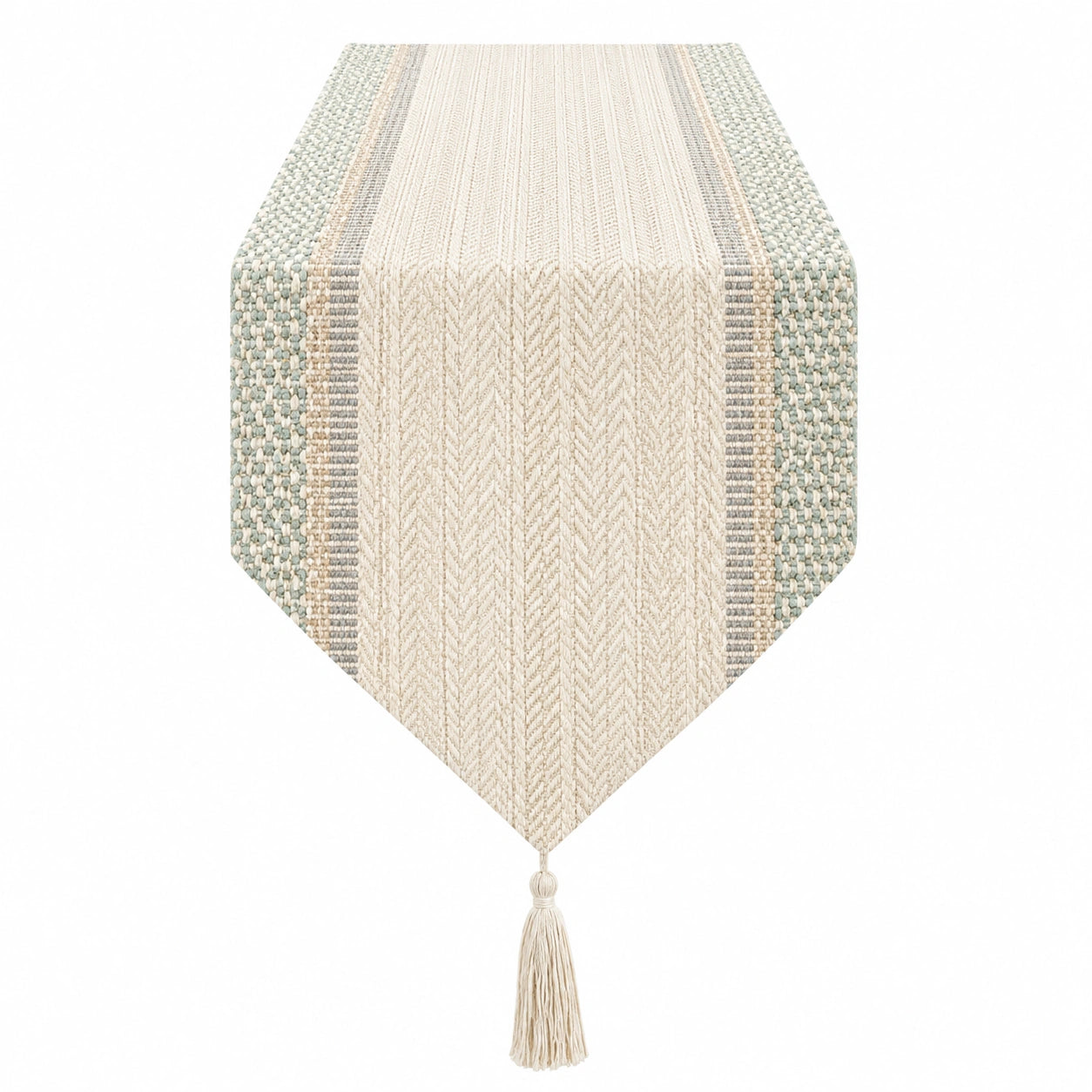 Camino de Mesa Beige y Verde con Flecos Decorativos
