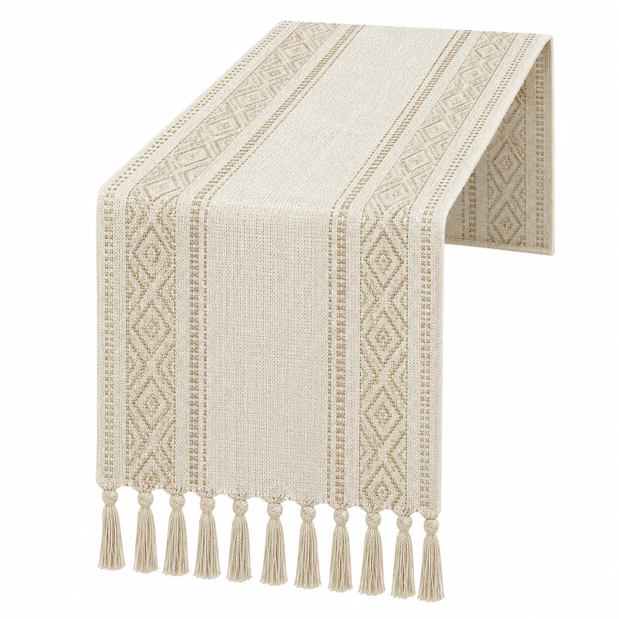 Camino de Mesa Beige con Flecos y Diseño Geométrico 180x30 cm