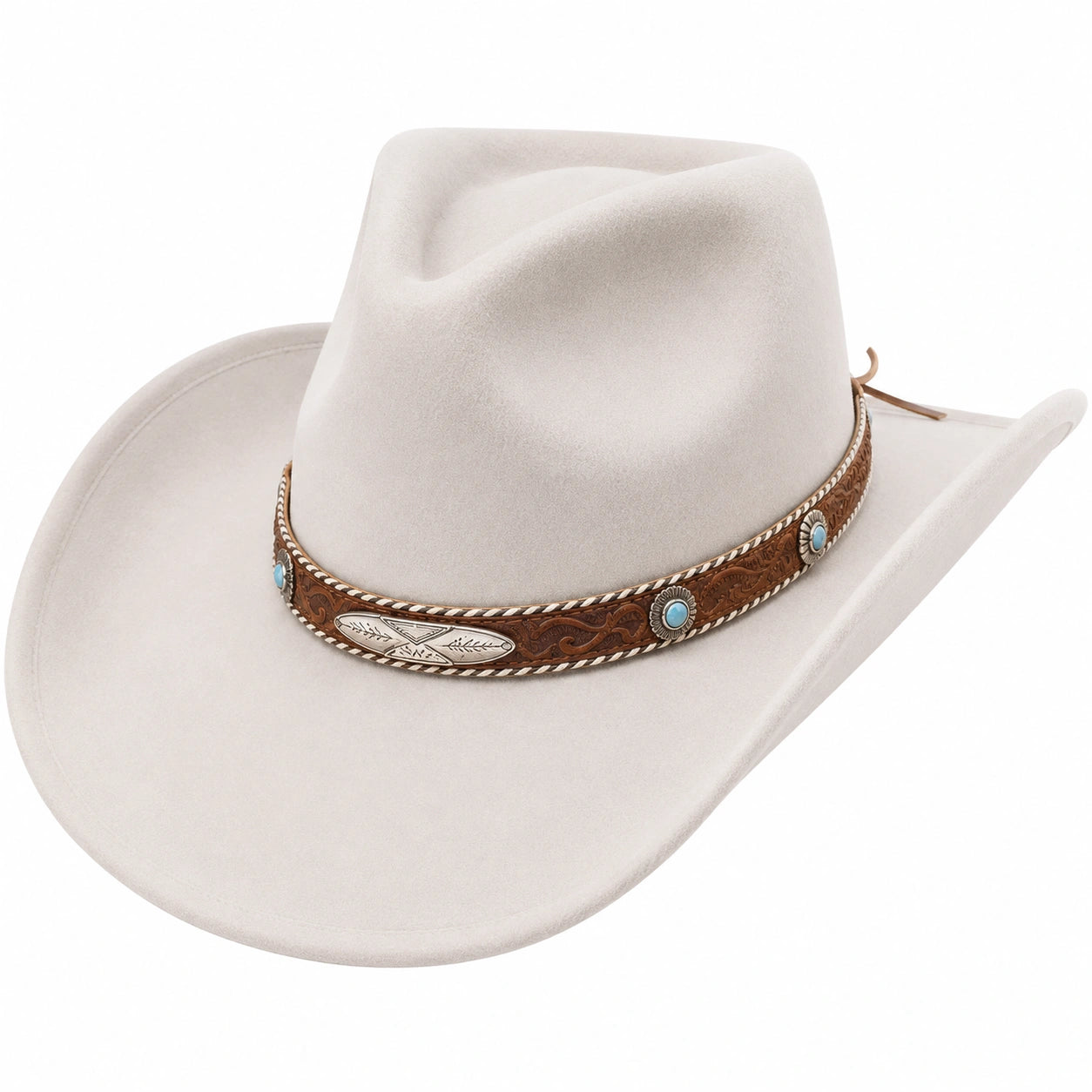 Sombrero Vaquero Beige con Banda Decorativa y Piedras Turquesa