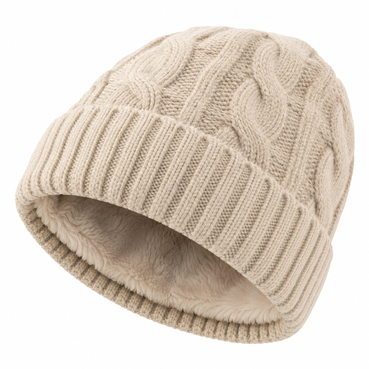 Gorro de Invierno de Punto Trenzado con Forro Interior Beige