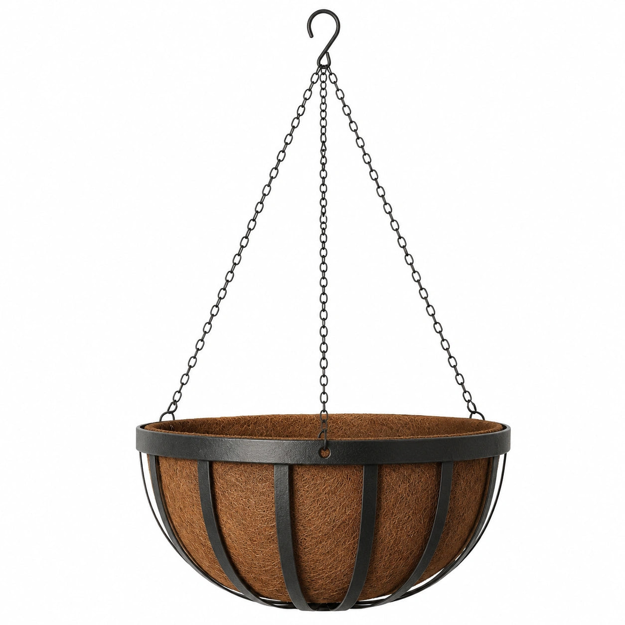 Macetero Colgante de Metal con Forro de Coco, 30 cm, Negro y Marrón