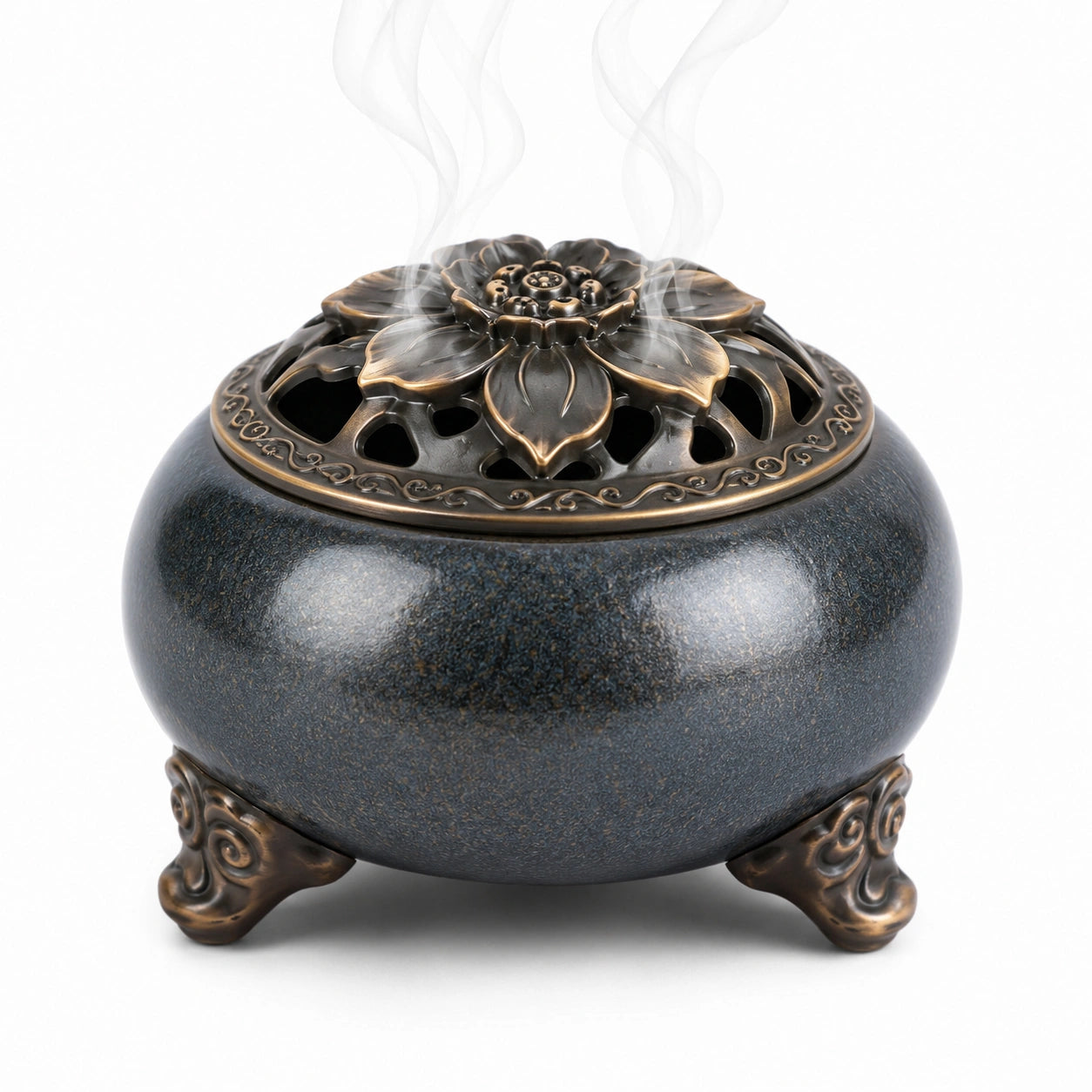 Quemador de Incienso de Bronce Oscuro con Diseño Floral