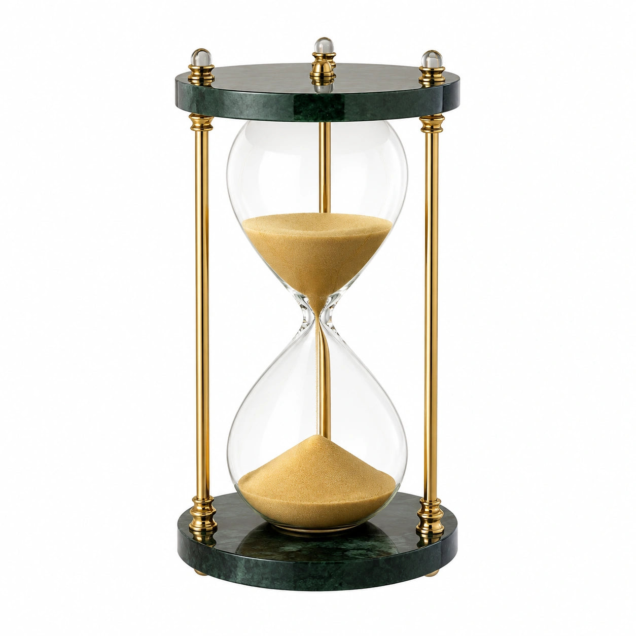 Reloj de arena decorativo de vidrio, dorado y verde